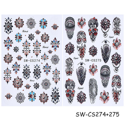 Bohemian Nail Art Stickers - Black & Brown Floral Design (2pcs)