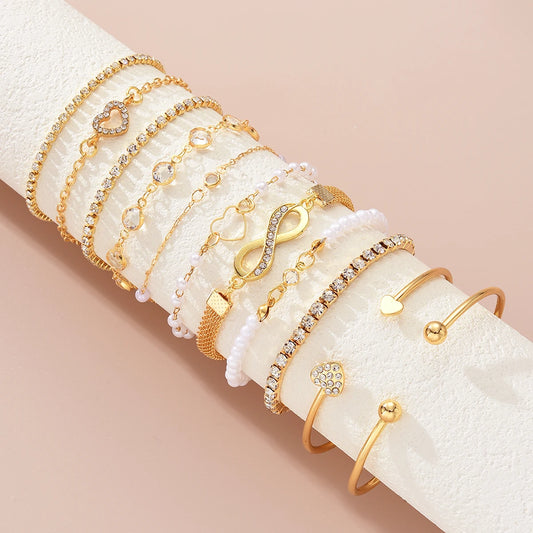 Boho Pearl Bracelet Set - 11-Piece Gold Heart & Infinity Collection