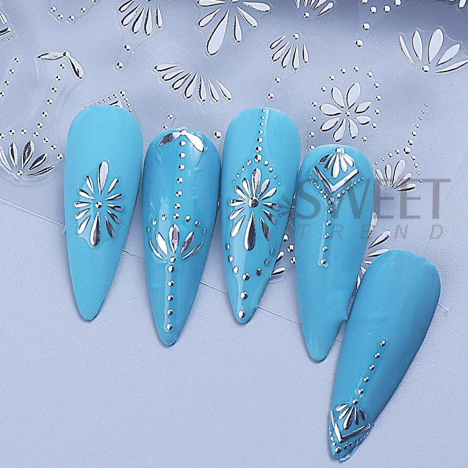 Bohemian Nail Stickers - Gold Silver Blue Flower Petals (3pcs)