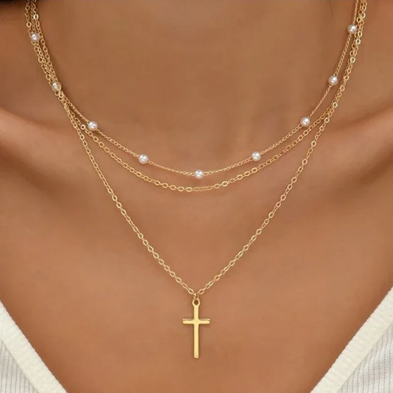 LATS Multilayer Pearl Cross Love Heart Pendant Necklaces for Women Gold Color Fashion Collarbone Neck Chain 2024 Trend Jewelry