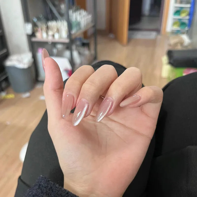 24-Piece Almond Press-On Nails - Butterfly French Pearl Diamond Handmade Set