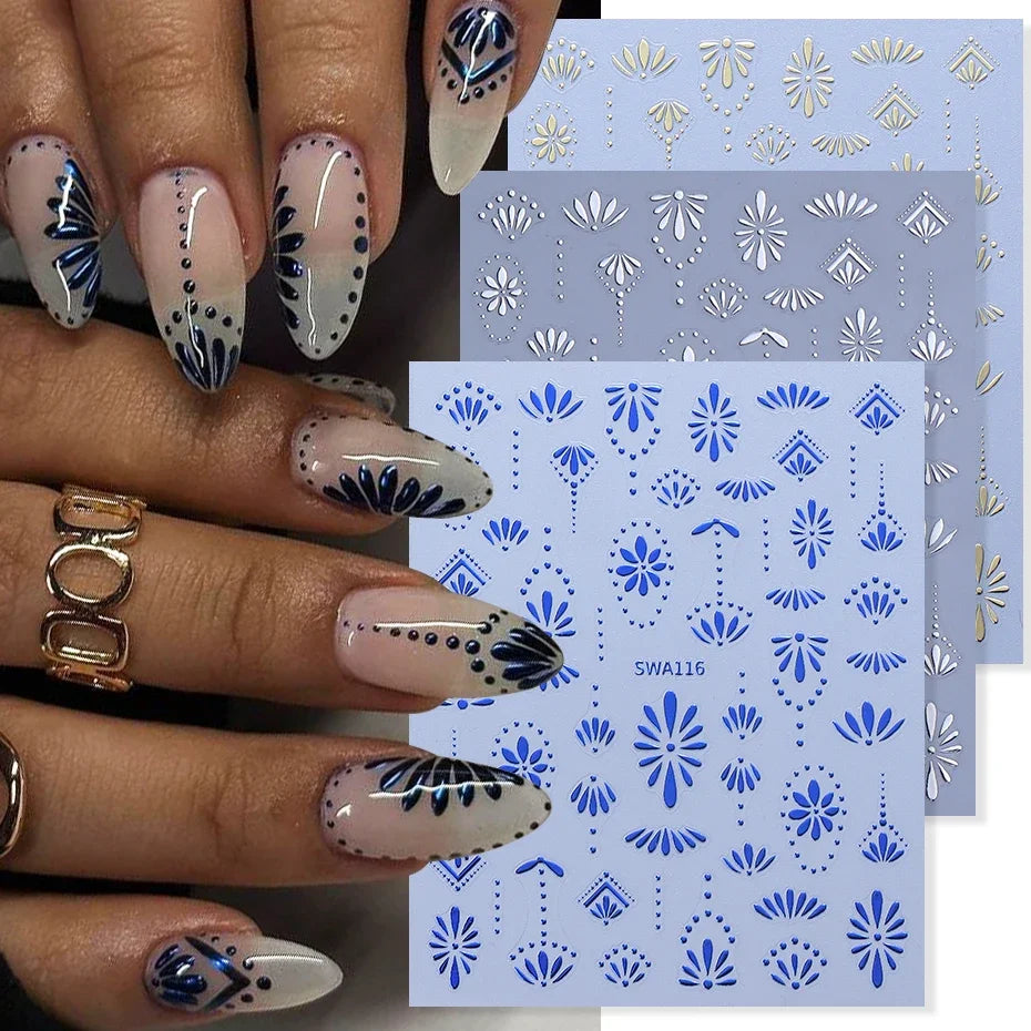 Bohemian Nail Stickers - Gold Silver Blue Flower Petals (3pcs)