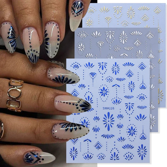 Bohemian Nail Stickers - Gold Silver Blue Flower Petals (3pcs)