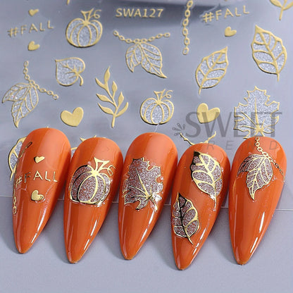 3-Piece Halloween Nail Art Stickers - Metal Pumpkin Spider Web Maple Leaf Decals