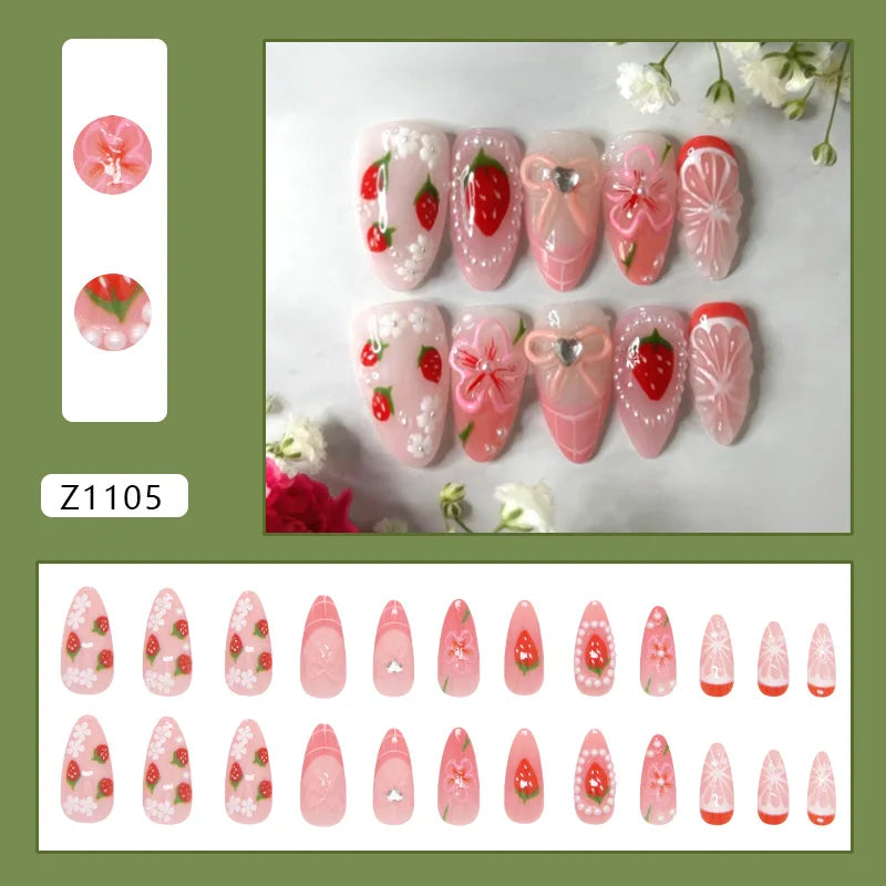 24-Piece Almond Press-On Nails - Wine Red Blush Floral Design Summer Set