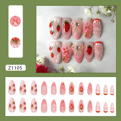 24-Piece Almond Press-On Nails - Wine Red Blush Floral Design Summer Set