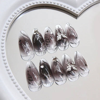 Black Silver Bowknot Press-On Nails - Stiletto 24pcs Full Cover Set