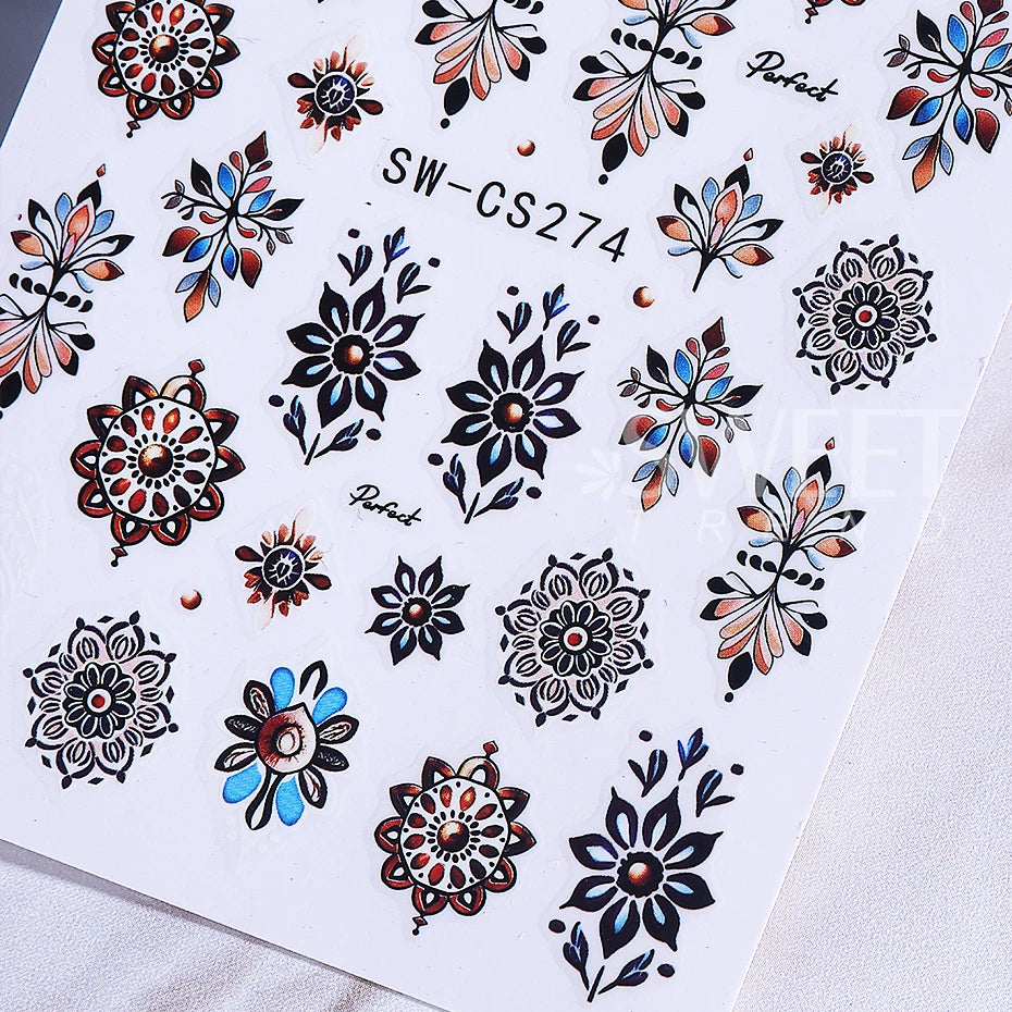 Bohemian Nail Art Stickers - Black & Brown Floral Design (2pcs)