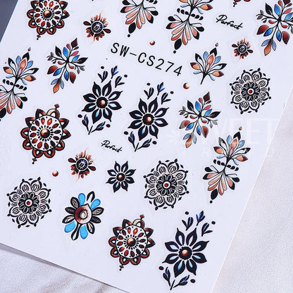 Bohemian Nail Art Stickers - Black & Brown Floral Design (2pcs)