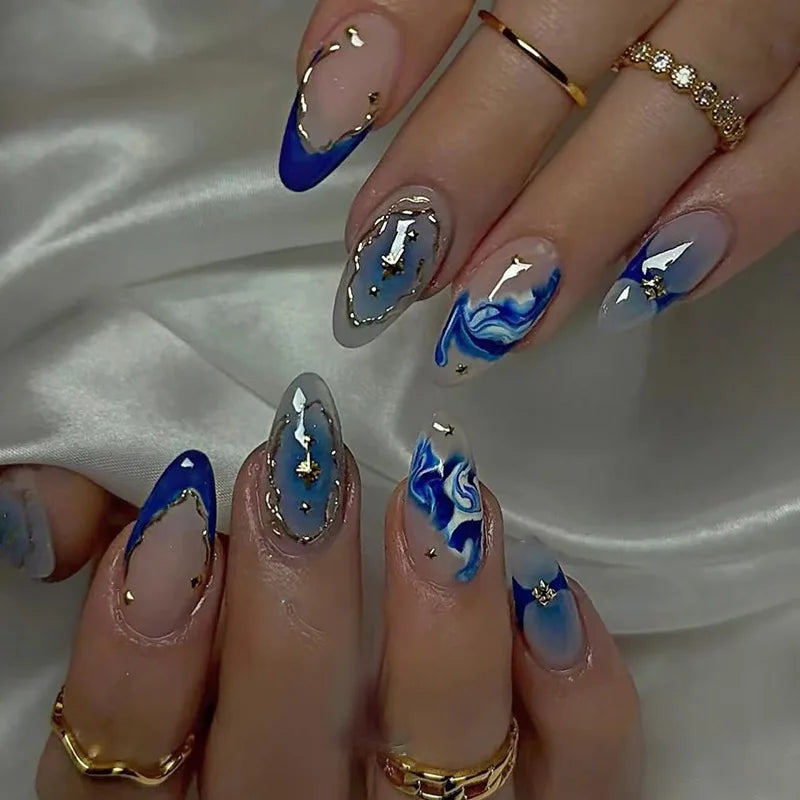 Y2K Star & Moon Press On Nails - Gradient Blue French Tips (24pcs)