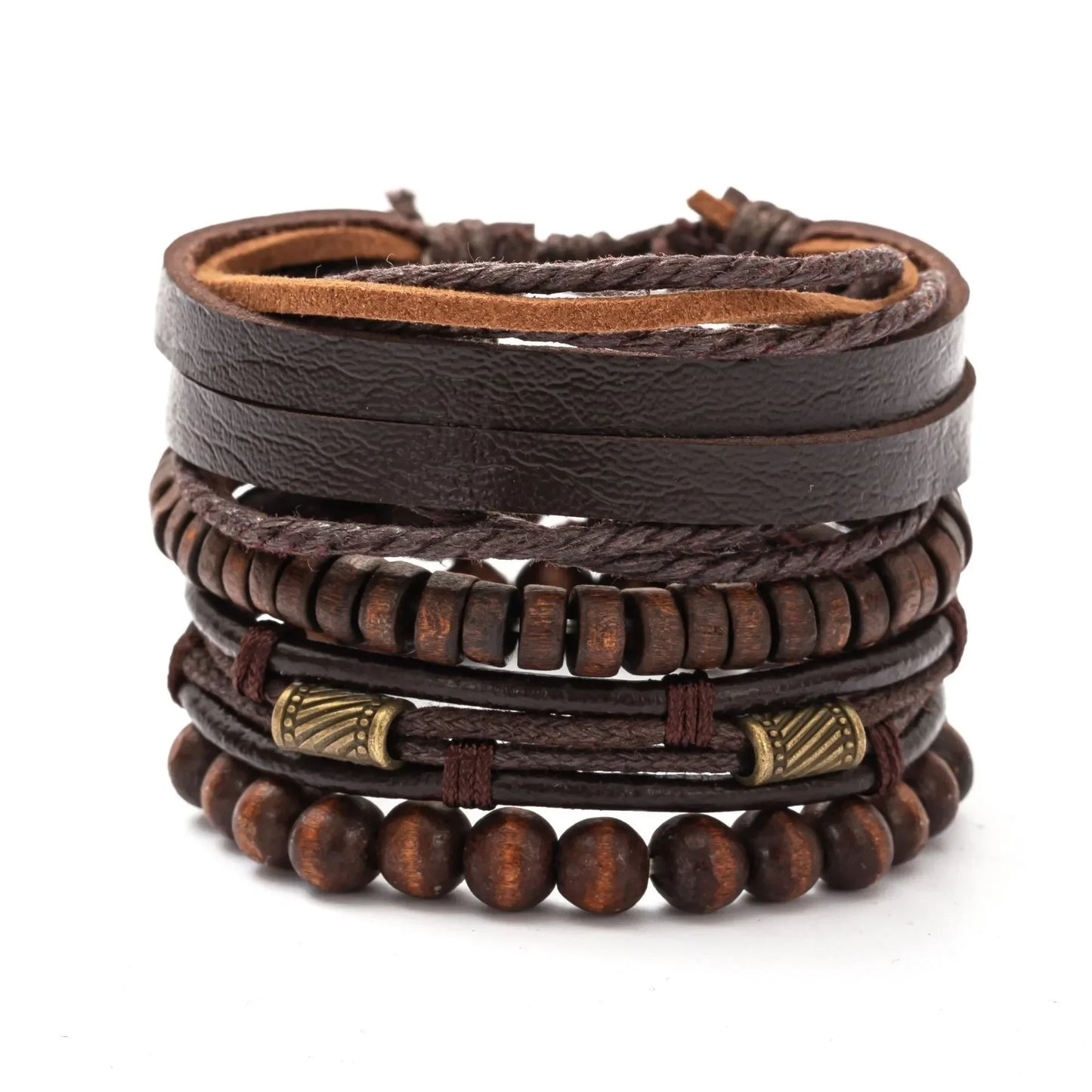 Men's Boho Bracelet Set - 4-Piece Wooden Beads & Leather Layers