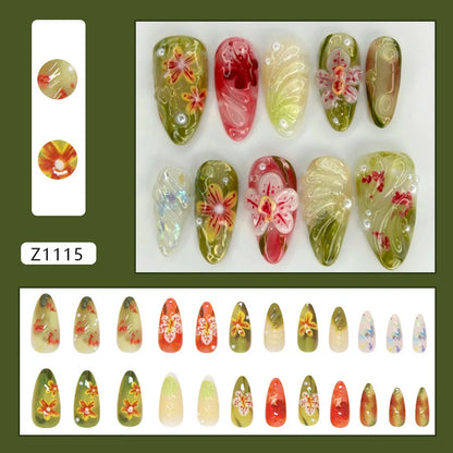 24-Piece Almond Press-On Nails - Wine Red Blush Floral Design Summer Set