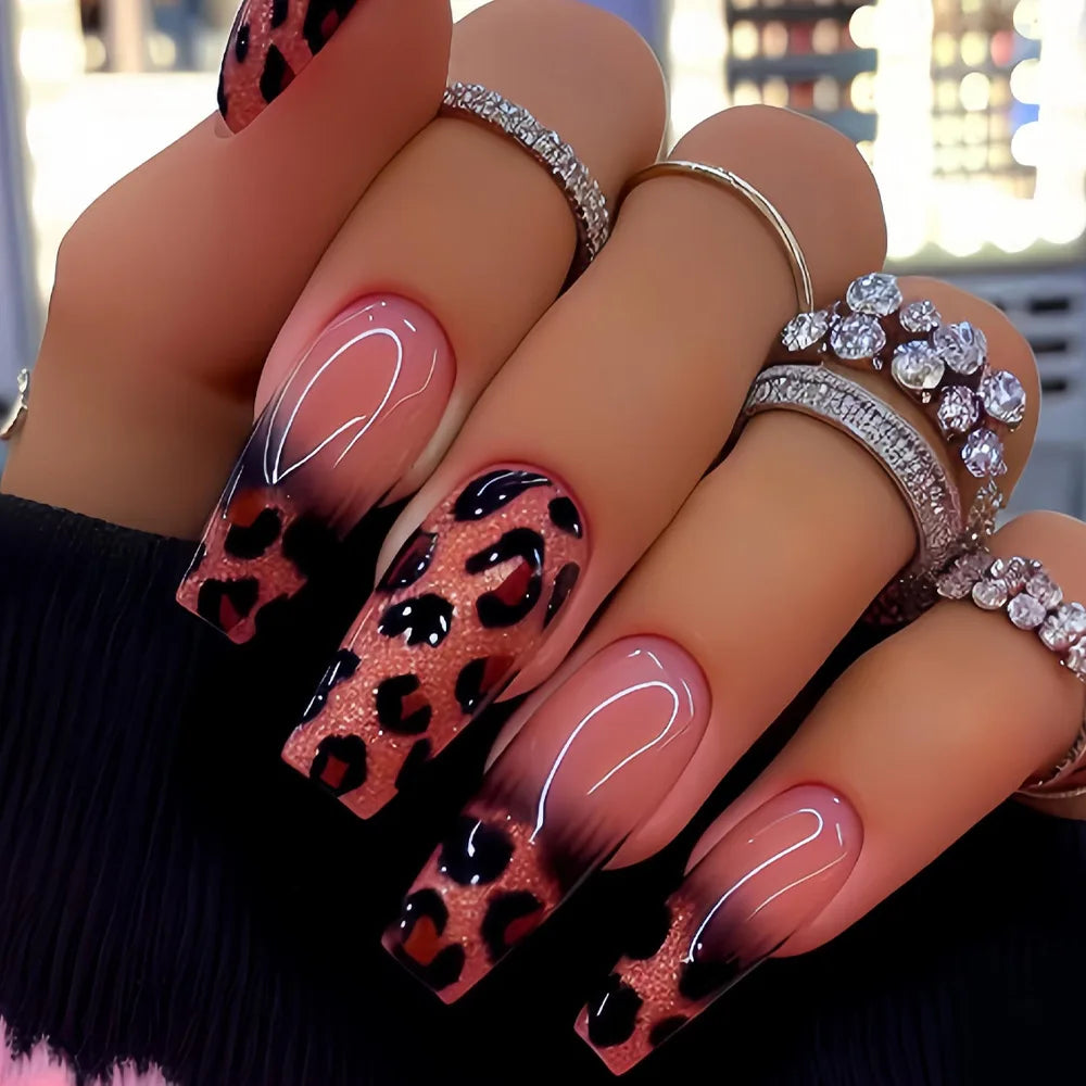 Y2K Leopard Print Press-On Nails - Gradient Coffin Set