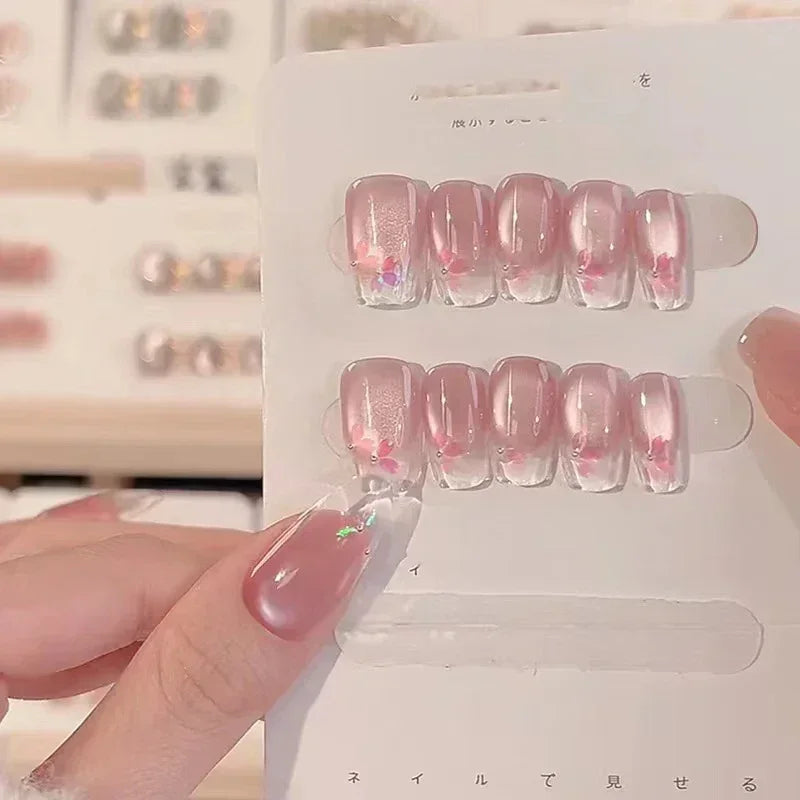 Sweet Butterfly Press-On Nails - 10pc Handmade Glossy Diamond False Nails Set