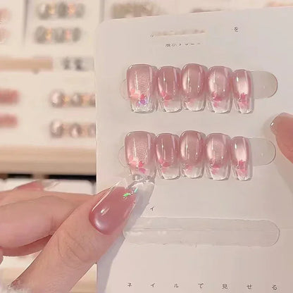 Sweet Butterfly Press-On Nails - 10pc Handmade Glossy Diamond False Nails Set