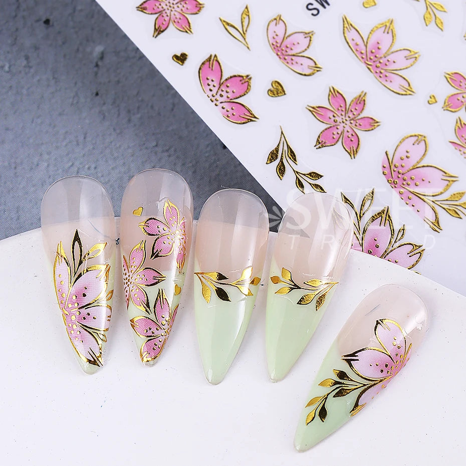 Pink Sakura Nail Stickers - Metallic Gold 3D Flower Design (2pcs)