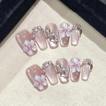 Sweet Butterfly Press-On Nails - 10pc Handmade Glossy Diamond False Nails Set
