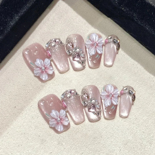 Sweet Butterfly Press-On Nails - 10pc Handmade Glossy Diamond False Nails Set