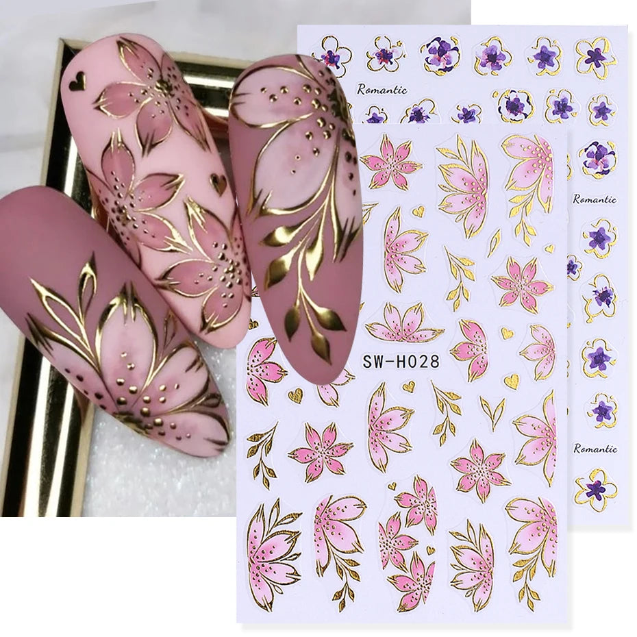 Pink Sakura Nail Stickers - Metallic Gold 3D Flower Design (2pcs)