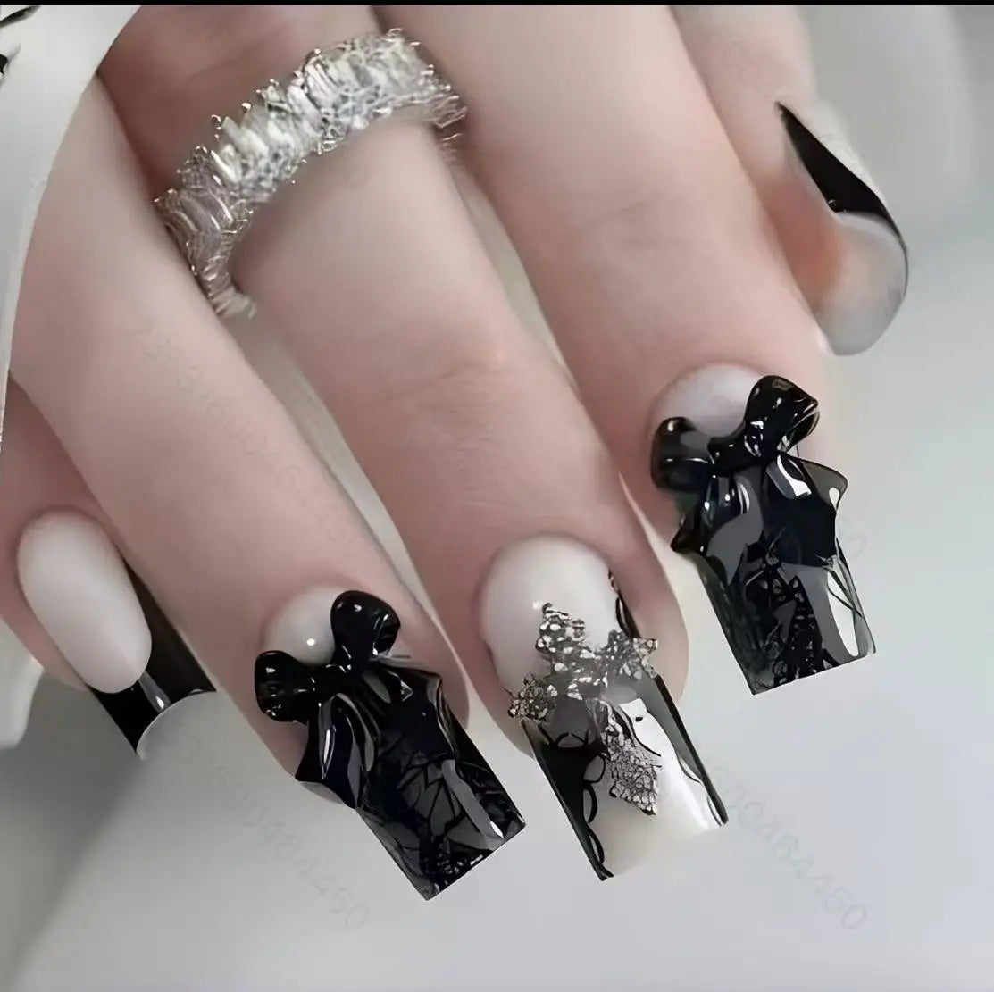 24-Piece Ballet Press-On Nails - Pink White Bow French Diamond Summer Set