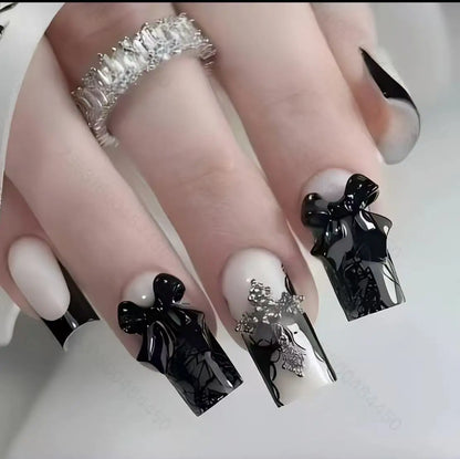 24-Piece Ballet Press-On Nails - Pink White Bow French Diamond Summer Set