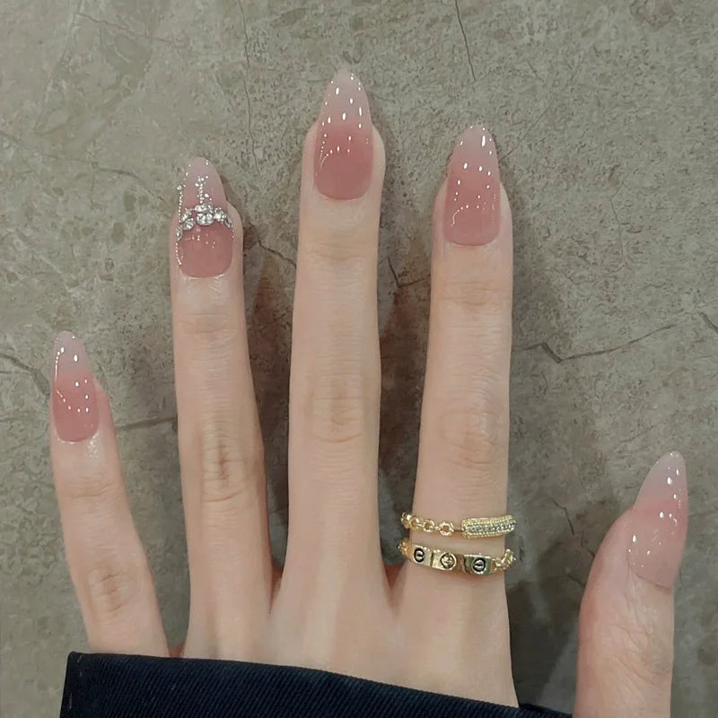 24-Piece Almond Press-On Nails - Butterfly French Pearl Diamond Handmade Set