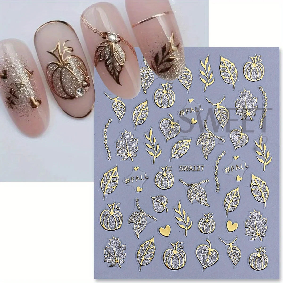 3-Piece Halloween Nail Art Stickers - Metal Pumpkin Spider Web Maple Leaf Decals