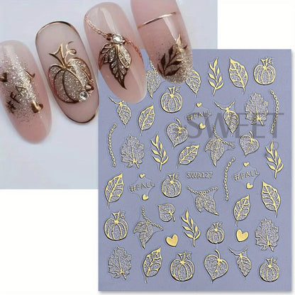 3-Piece Halloween Nail Art Stickers - Metal Pumpkin Spider Web Maple Leaf Decals