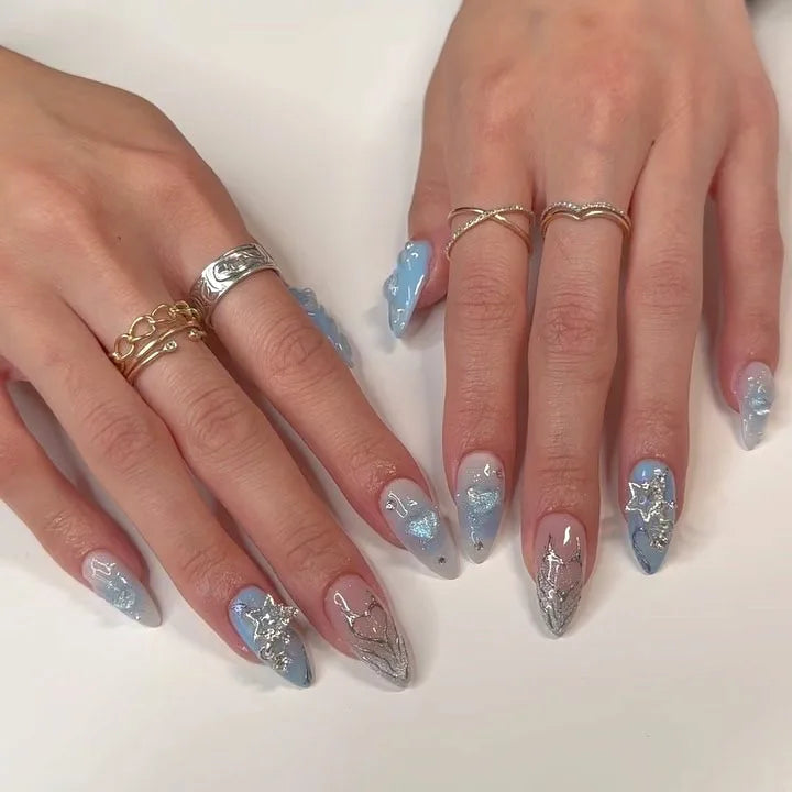 Y2K Star & Moon Press On Nails - Gradient Blue French Tips (24pcs)