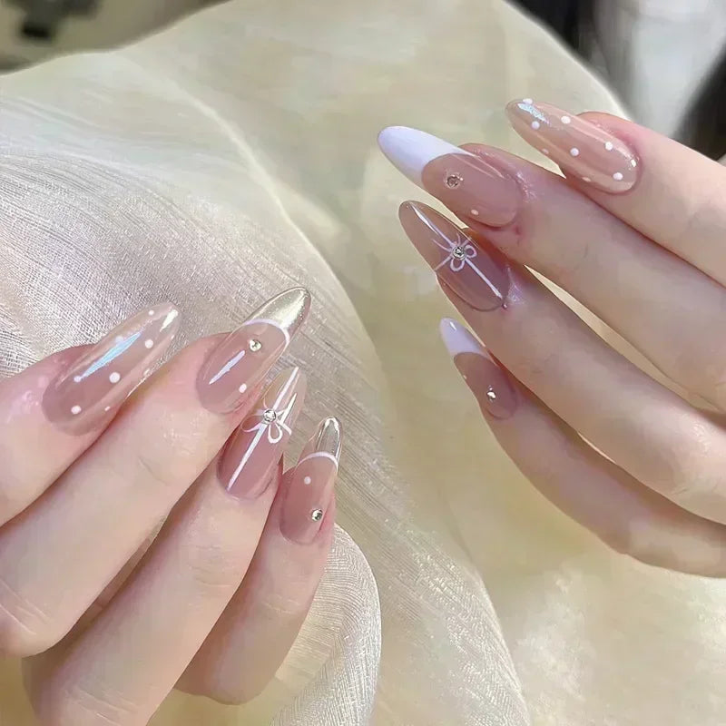 24-Piece Almond Press-On Nails - Butterfly French Pearl Diamond Handmade Set