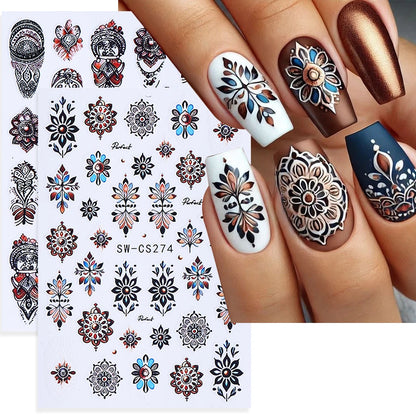 Bohemian Nail Art Stickers - Black & Brown Floral Design (2pcs)