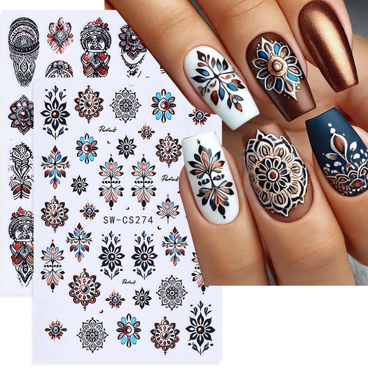 Bohemian Nail Art Stickers - Black & Brown Floral Design (2pcs)