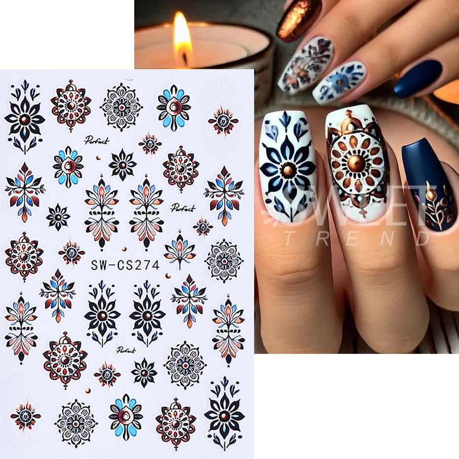 Bohemian Nail Art Stickers - Black & Brown Floral Design (2pcs)