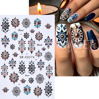 Bohemian Nail Art Stickers - Black & Brown Floral Design (2pcs)
