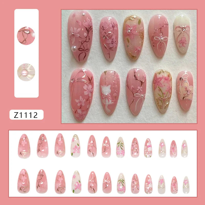 24-Piece Almond Press-On Nails - Wine Red Blush Floral Design Summer Set