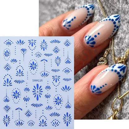 Bohemian Nail Stickers - Gold Silver Blue Flower Petals (3pcs)