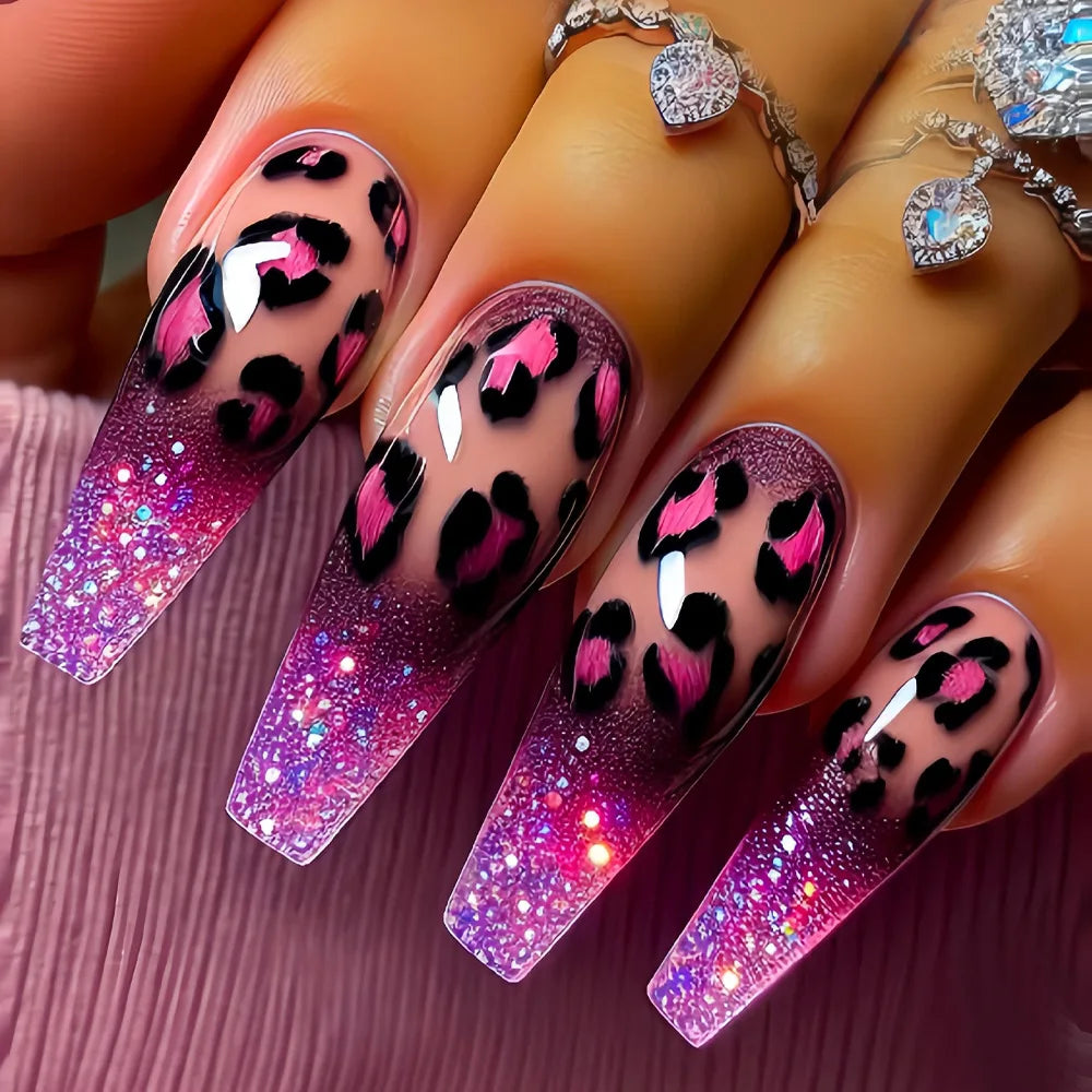 Y2K Leopard Print Press-On Nails - Gradient Coffin Set