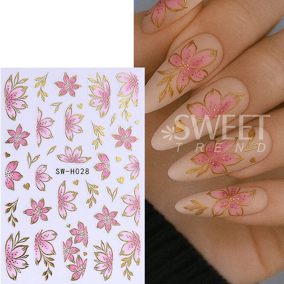 Pink Sakura Nail Stickers - Metallic Gold 3D Flower Design (2pcs)