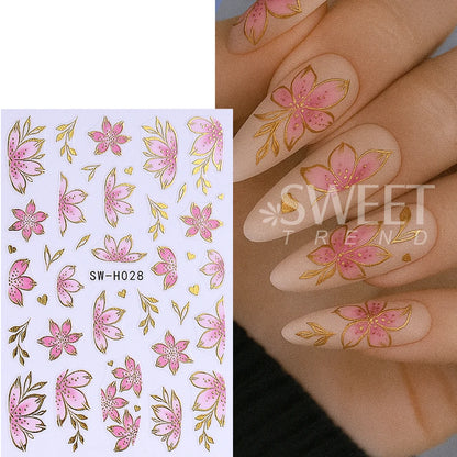 Pink Sakura Nail Stickers - Metallic Gold 3D Flower Design (2pcs)