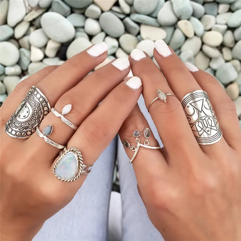 Vintage Boho Ring Set - 4-Piece Tibetan Silver Carved Bands