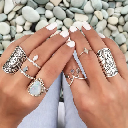 Vintage Boho Ring Set - 4-Piece Tibetan Silver Carved Bands