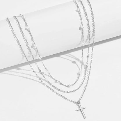 LATS Multilayer Pearl Cross Love Heart Pendant Necklaces for Women Gold Color Fashion Collarbone Neck Chain 2024 Trend Jewelry