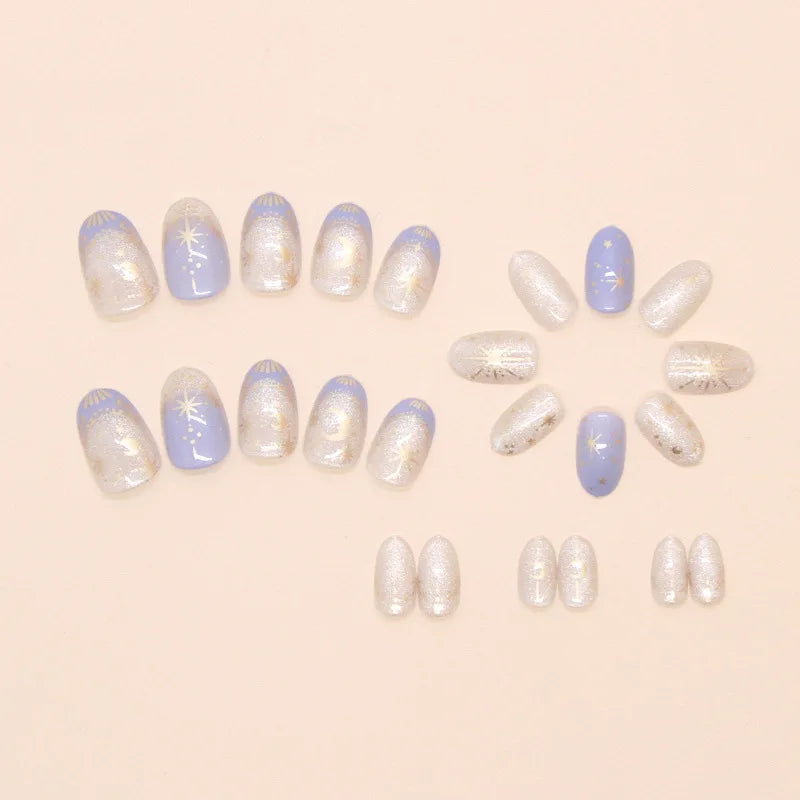 Y2K Star & Moon Press On Nails - Gradient Blue French Tips (24pcs)