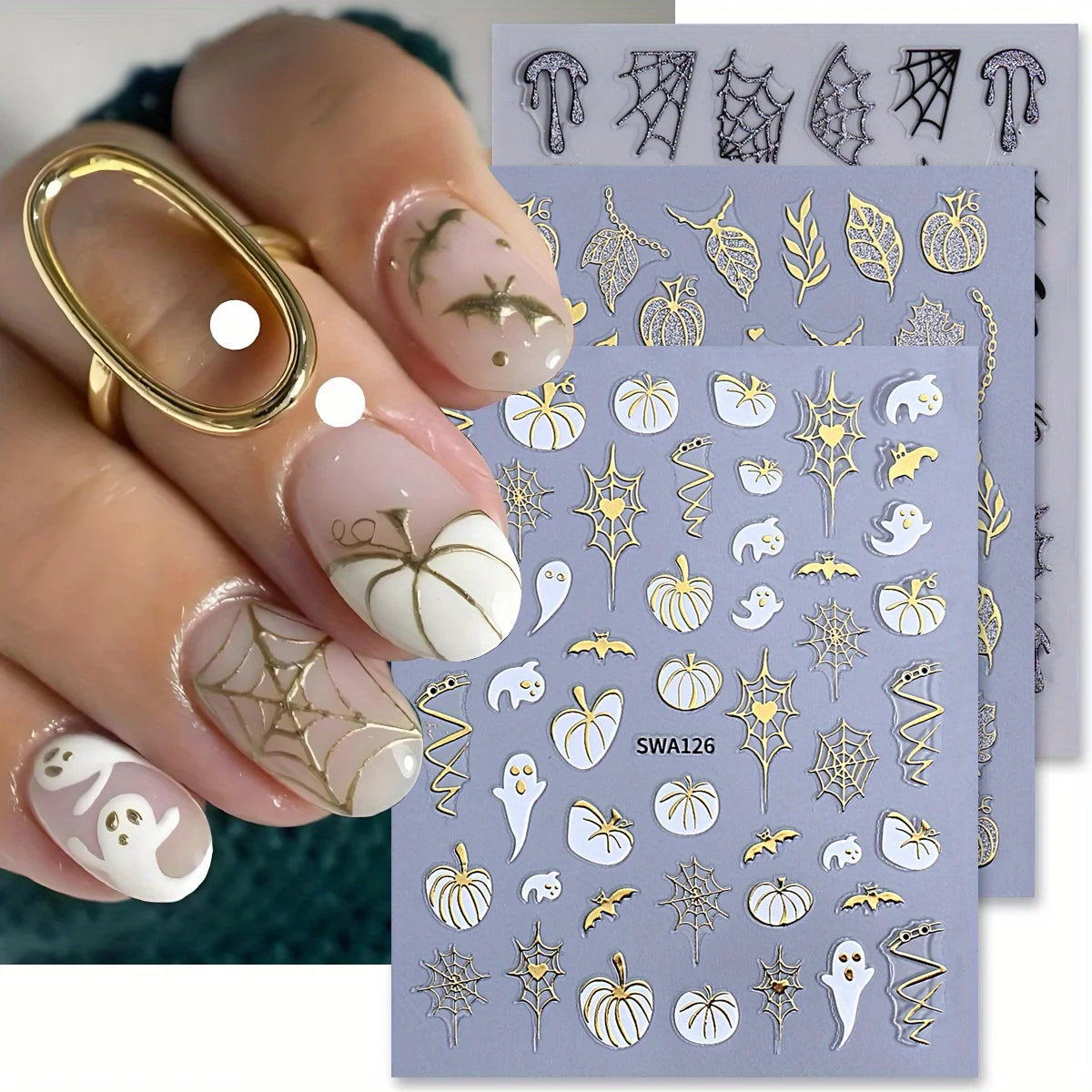 3-Piece Halloween Nail Art Stickers - Metal Pumpkin Spider Web Maple Leaf Decals