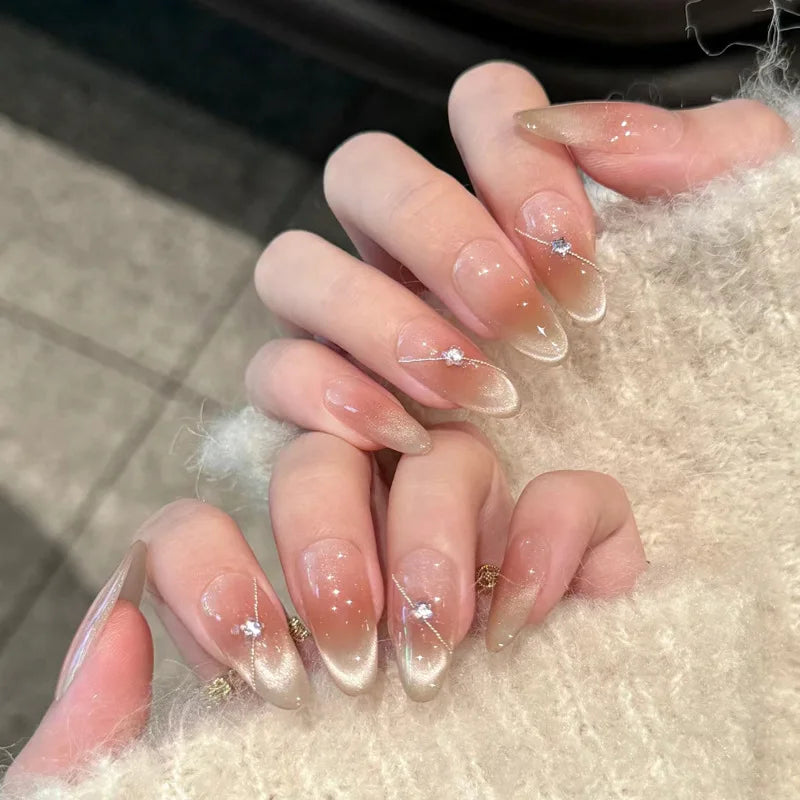 24-Piece Almond Press-On Nails - Butterfly French Pearl Diamond Handmade Set