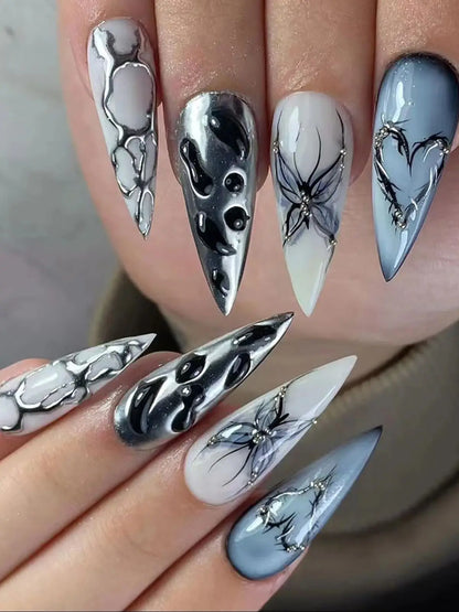 Black Silver Bowknot Press-On Nails - Stiletto 24pcs Full Cover Set