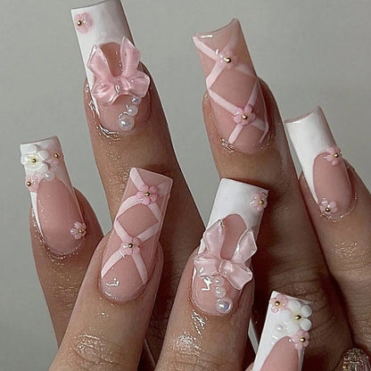 24-Piece Ballet Press-On Nails - Pink White Bow French Diamond Summer Set