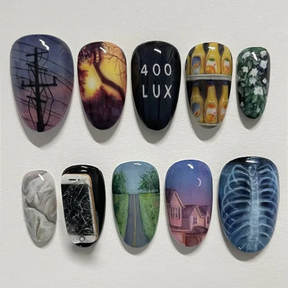 24-Piece Almond Press-On Nails - Wine Red Blush Floral Design Summer Set