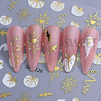 3-Piece Halloween Nail Art Stickers - Metal Pumpkin Spider Web Maple Leaf Decals