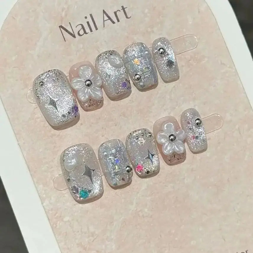 Sweet Butterfly Press-On Nails - 10pc Handmade Glossy Diamond False Nails Set